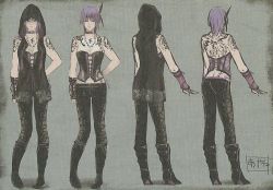 Rule 34 | 1girl, artist request, ass, ayane (doa), bare shoulders, black thighhighs, breasts, butt crack, choker, cleavage, concept art, corset, dead or alive, fatal frame, headband, medium breasts, official art, purple hair, red eyes, short hair, standing, tattoo, thighhighs
