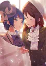 Rule 34 | 2girls, :o, alternate hairstyle, ascot, black suit, blue ascot, blue hair, closed eyes, curtain grab, curtains, formal, grey suit, hair over shoulder, half updo, hat, hat ribbon, highres, long hair, long sleeves, looking at another, love live!, love live! sunshine!!, multiple girls, red hair, ribbon, sakurauchi riko, sellel, smile, suit, top hat, tsushima yoshiko, upper body, white ascot, white ribbon, window