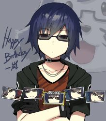 Rule 34 | 1boy, angry, animal nose, black gloves, blue hair, choker, closed eyes, closed mouth, collarbone, crossed arms, dog, glasses, gloves, highres, holarula, hood, hooded jacket, jacket, looking at viewer, open clothes, open jacket, open mouth, original, red shirt, shirt, short hair, sky-freedom, smile, solo, upper body