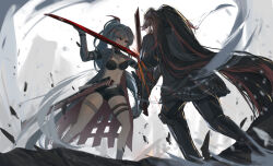 Rule 34 | 2girls, absurdres, alpha (punishing: gray raven), black bra, black hair, black jacket, black shorts, bra, breasts, chinese commentary, commentary, dual wielding, fighting, grey hair, grey jacket, highres, holding, holding sword, holding weapon, jacket, katana, long hair, lucia: crimson weave (punishing: gray raven), lucia: plume (punishing: gray raven), lucia (punishing: gray raven), mechanical arms, mechanical legs, medium breasts, multicolored hair, multiple girls, navel, open clothes, open jacket, ponytail, punishing: gray raven, red hair, s7218, sheath, short shorts, shorts, streaked hair, sword, thigh strap, twintails, underwear, very long hair, weapon