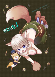 Rule 34 | 1girl, :o, animal, animal ears, animal feet, animal hands, bare arms, bare back, bare shoulders, blue eyes, body blush, character name, checkerboard cookie, chiba sadoru, club (shape), cookie, copyright name, dark background, dog, dot nose, extra ears, fake animal ears, fake tail, fang, feet up, food, from side, full body, fur collar, gakkou gurashi!, green background, hair between eyes, halloween, halloween costume, hand up, highres, looking at viewer, looking up, naoki miki, official art, open mouth, paw shoes, platinum blonde hair, shiba inu, shiny skin, shoes, short hair, socks, solo, striped clothes, striped legwear, striped socks, tail, taroumaru (gakkou gurashi), twitter username, upside-down, vertical-striped clothes, vertical-striped legwear, vertical-striped socks
