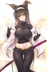 Rule 34 | 1girl, animal ears, belt, black hair, black sweater, blush, breasts, commentary request, cowboy shot, crop top, denim, dog ears, groin, hair between eyes, hairband, hands up, head tilt, highres, jacket, jeans, large breasts, long hair, long sleeves, looking at viewer, midriff, navel, off shoulder, ootachi, open clothes, open jacket, open mouth, original, pants, red eyes, sheath, sheathed, sidelocks, sleeves past wrists, solo, standing, sweater, sword, taut clothes, taut sweater, thigh gap, turtleneck, turtleneck sweater, weapon, weapon on back, white hairband, white jacket, won (az hybrid), yellow belt