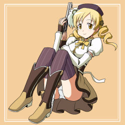 Rule 34 | 10s, 1girl, beret, blonde hair, boots, bow, bowtie, drill hair, gloves, gun, hair ornament, hat, holding, lielos, long hair, long sleeves, looking at viewer, magical girl, mahou shoujo madoka magica, mahou shoujo madoka magica (anime), panties, pantyshot, rifle, sitting, skirt, smile, solo, striped clothes, striped thighhighs, thighhighs, tomoe mami, twin drills, twintails, underwear, upskirt, vertical-striped clothes, vertical-striped thighhighs, weapon, white panties, yellow eyes