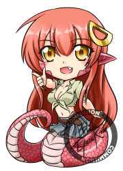 Rule 34 | 10s, 1girl, :d, blackgeneride, breasts, chibi, cleavage, fang, full body, hair ornament, hairclip, highres, lamia, large breasts, long hair, miia (monster musume), monster girl, monster musume no iru nichijou, navel, open mouth, pointing, pointy ears, red hair, scales, shirt, signature, simple background, skirt, slit pupils, smile, solo, tied shirt, white background, yellow eyes