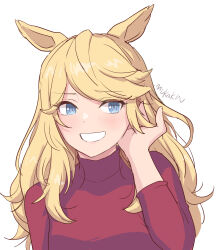 Rule 34 | 1girl, alternate costume, animal ears, blonde hair, blue eyes, blush, commentary request, gold city (umamusume), grin, highres, horse ears, horse girl, long hair, long sleeves, looking at viewer, mukakin, red sweater, simple background, smile, solo, sweater, turtleneck, turtleneck sweater, umamusume, upper body, white background