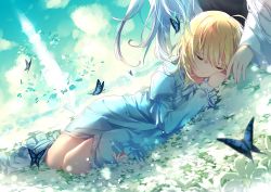 Rule 34 | 1boy, 1girl, ahoge, artoria pendragon (all), artoria pendragon (fate), bad id, bad twitter id, blonde hair, blue dress, bug, butterfly, day, dress, closed eyes, fate/grand order, fate (series), field, floating hair, flower, flower field, hair between eyes, highres, insect, kamiowl, long hair, long sleeves, lying, merlin (fate/prototype), official alternate costume, on side, outdoors, saber (fate), silver hair, very long hair, white flower