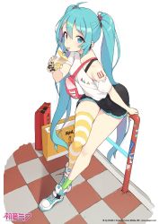 Rule 34 | 1girl, absurdres, alternate costume, bag, black shorts, blonde hair, blue choker, blue eyes, bubble tea, character name, checkered floor, choker, cloba, cup, disposable cup, drinking, drinking straw, drinking straw in mouth, full body, hair between eyes, hatsune miku, headset, highres, holding, holding cup, long hair, looking at viewer, off-shoulder shirt, off shoulder, pleated shorts, railing, shirt, shoes, shopping bag, short shorts, short sleeves, shorts, single bare shoulder, single thighhigh, sitting, skindentation, sneakers, solo, striped clothes, striped thighhighs, thighhighs, very long hair, vocaloid, white shirt