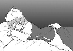 Rule 34 | 1girl, absurdres, blush, fujimi nao, grey background, greyscale, hair between eyes, hat, highres, letty whiterock, long sleeves, looking at viewer, lying, monochrome, on bed, on side, pillow, short hair, simple background, smile, solo, touhou, white hat