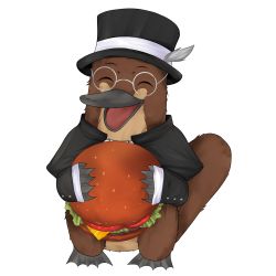 Rule 34 | absurdres, animal, borrowed character, burger, cape, food, formal, furry, glasses, hat, highres, non-web source, original, platypus, smile, suit, tail, top hat, webbed feet, webbed hands