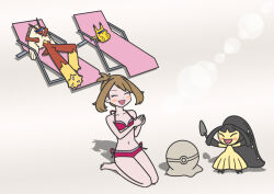 1girl bikini blaziken blonde_hair blush brown_hair claws closed_eyes creatures_(company) extra_mouth feet game_freak gen_1_pokemon gen_3_pokemon happy holding kneeling lying mawile may_(pokemon) nintendo pikachu pink_bikini pokemon pokemon_(creature) pokemon_oras smile sunglasses swimsuit