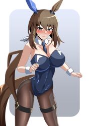 Rule 34 | 1girl, admire vega (umamusume), animal ears, bare shoulders, black pantyhose, blue bow, blue bowtie, blue leotard, bow, bowtie, breasts, brown hair, cleavage, commentary request, covered navel, detached collar, ear covers, fishnet pantyhose, fishnets, gradient background, hands on own hips, horse ears, horse girl, horse tail, ishitsuma canon, leotard, long hair, medium breasts, nontraditional playboy bunny, open mouth, pantyhose, ponytail, simple background, single ear cover, solo, strapless, strapless leotard, tail, thigh strap, umamusume, wrist cuffs