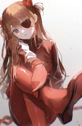 Rule 34 | absurdres, blue eyes, blurry, brown hair, eyepatch, eyes visible through hair, feet, hair between eyes, hair ornament, head tilt, headgear, highres, interface headset, jacket, leg up, light, light particles, long hair, neon genesis evangelion, oyuyu, parted lips, plugsuit, pointing, pointing at viewer, red track suit, shadow, simple background, sitting, solo, souryuu asuka langley, tearing up, teeth, track jacket, white background, zipper
