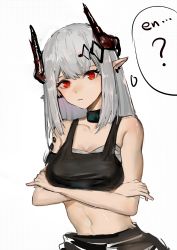 Rule 34 | 1girl, absurdres, arknights, bare arms, bare shoulders, black choker, breasts, chinese commentary, choker, collarbone, commentary request, crop top, crossed arms, highres, horns, infection monitor (arknights), long hair, looking at viewer, material growth, medium breasts, midriff, mudrock (arknights), mudrock (elite ii) (arknights), navel, oripathy lesion (arknights), pointy ears, red eyes, sarashi, silver hair, solo, sports bra, stomach, ufoliving, upper body, white background