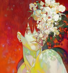 Rule 34 | 1boy, blending, blood, earrings, flower, flower in mouth, half-closed eyes, highres, jewelry, looking at viewer, male focus, mouth hold, nosebleed, original, parted lips, portrait, red eyes, red hair, red theme, shadow, short hair, solo, white flower, xiaoquandianer