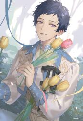 Rule 34 | 1boy, belt, black ribbon, blue ribbon, blue trim, carrying, carrying under arm, collared jacket, cowboy shot, cropped jacket, ensemble stars!, flower, fushimi yuzuru, half-closed eyes, hand up, highres, holding, holding flower, inanome me, jacket, layered clothes, light smile, long sleeves, male focus, mole, mole under eye, open clothes, open collar, open jacket, parted lips, pink flower, puffy long sleeves, puffy sleeves, purple eyes, ribbon, short bangs, short hair, signature, sleeve cuffs, smile, solo, three quarter view, tulip, very short hair, white belt, yellow flower
