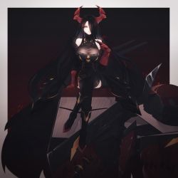 Rule 34 | 1girl, absurdres, azur lane, bare shoulders, conductor baton, black hair, black legwear, boots, breasts, cannon, commission, detached sleeves, friedrich der grosse (azur lane), full body, gloves, hair over one eye, highres, horn ornament, horns, huge filesize, kitsu (skydiverfox), large breasts, long hair, looking at viewer, mechanical horns, red gloves, red horns, rigging, see-through, sitting, solo, very long hair, yellow eyes