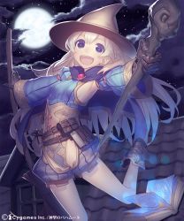 Rule 34 | 10s, 1girl, belt, belt pouch, blonde hair, blue eyes, book, breasts, broom, brown gloves, corset, detached sleeves, full moon, gloves, hat, kanjy00u, magic circle, moon, multiple belts, night, night sky, open book, open mouth, pouch, rooftop, shingeki no bahamut, shorts, sideboob, sky, small breasts, smile, solo, staff, star (sky), starry sky, witch hat, witchette