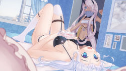 Rule 34 | 2girls, aduo (xiaoduoxk), ahoge, asymmetrical legwear, azur lane, bandeau, bikini, black bikini, blue eyes, blush, breasts, chinese commentary, cleavage, commentary request, covered mouth, dark-skinned female, dark skin, day, facepaint, feet out of frame, full body, hair over one eye, heart, heart-shaped pupils, heart ahoge, heterochromia, highres, horns, indianapolis (azur lane), indoors, large breasts, long hair, lying, manga (object), mechanical horns, medium breasts, multiple girls, navel, no shoes, on back, on bed, open mouth, photo (object), pink hair, portland (azur lane), siblings, sisters, smile, socks, swimsuit, symbol-shaped pupils, thighhighs, turtleneck, twintails, underboob, uneven legwear, very long hair, white bandeau, white hair, white socks, white thighhighs, window, yellow eyes