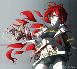 Rule 34 | 1girl, ahoge, bandeau, blood, bone, chain, coat, earrings, gradient background, grey background, grin, heterochromia, jewelry, long hair, looking at viewer, magic, midriff, muscular, navel, original, qys3, red hair, regeneration, shorts, skeleton, smile, solo, standing, strapless, teeth, thighhighs, tian ling (qys3), torn clothes, tube top, white thighhighs