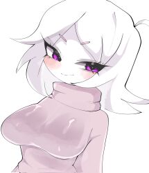 Rule 34 | 1girl, blush, breasts, commission, high collar, highres, large breasts, looking at viewer, medium hair, mikatsu27, original, purple eyes, smile, sweater, white hair