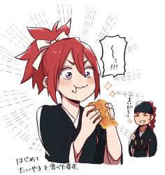 Rule 34 | 1boy, 1girl, abarai ichika, abarai renji, bleach, blush, bow, braid, braided ponytail, choko egg, crumbs, eating, closed eyes, father and daughter, food, food on face, hair bow, headband, high ponytail, highres, holding, holding food, japanese clothes, long hair, long sleeves, red hair, single braid, sparkle, taiyaki, translation request, upper body, wagashi, white bow, wide sleeves