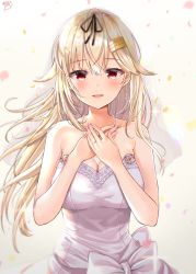 Rule 34 | 1girl, :d, akino ell, black ribbon, blonde hair, blush, breasts, bride, cleavage, dress, earrings, glint, hair between eyes, hair flaps, hair ornament, hair ribbon, hairclip, heart, heart earrings, highres, jewelry, kantai collection, long hair, looking at viewer, messy hair, necklace, open mouth, own hands together, pearl necklace, petals, pink dress, red eyes, ribbon, ring, simple background, smile, solo, strapless, strapless dress, wedding band, wedding dress, yuudachi (kancolle), yuudachi kai ni (kancolle)