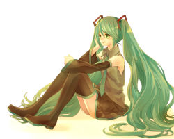 Rule 34 | bad id, bad pixiv id, boots, detached sleeves, green eyes, green hair, hatsune miku, highres, legs, long hair, necktie, retei, sitting, skirt, solo, thigh boots, thighhighs, twintails, very long hair, vocaloid