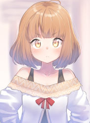 Rule 34 | &gt;:(, 1girl, ahoge, bare shoulders, blurry, blurry background, blush, bob cut, brown eyes, brown hair, closed mouth, collarbone, commentary request, depth of field, dress, hands on own hips, highres, long hair, looking at viewer, off-shoulder dress, off shoulder, original, short hair, solo, v-shaped eyebrows, white dress, yuki arare