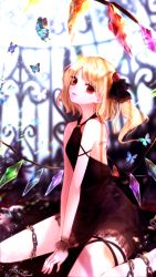 Rule 34 | 1girl, absurdres, alternate costume, bare arms, bare shoulders, black dress, black ribbon, blonde hair, bug, butterfly, chain, commentary request, crystal, dress, feet out of frame, flandre scarlet, hair ribbon, halter dress, halterneck, head tilt, highres, insect, long hair, looking at viewer, nekohashi, no headwear, o-ring, one side up, parted lips, red eyes, ribbon, sitting, smile, solo, thighs, touhou, v arms, wariza, wings, wrist cuffs