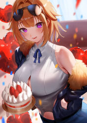 Rule 34 | 1girl, absurdres, balloon, bare shoulders, belt, black belt, blue jacket, blush, breasts, cake, collarbone, commission, confetti, eyewear on head, food, fruit, girls&#039; frontline, grizzly mkv (girls&#039; frontline), hand in pocket, heart balloon, highres, jacket, large breasts, long sleeves, looking at viewer, medium hair, off shoulder, orange hair, parted lips, pixiv commission, purple eyes, rororo, smile, solo, strawberry, sunglasses