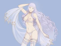 Rule 34 | 1girl, bad id, bad twitter id, breasts, deirdre (fire emblem), fire emblem, fire emblem: genealogy of the holy war, iktk, jewelry, lace, lace-trimmed legwear, lace trim, light purple hair, lingerie, long hair, looking at viewer, navel, nintendo, nipples, purple eyes, purple hair, simple background, smile, solo, thighhighs, underwear, underwear only, very long hair, wavy hair