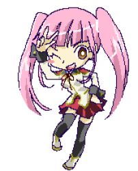 Rule 34 | 00s, 1girl, brown eyes, chibi, darker than black, female focus, full body, kayanuma kiko, lowres, one eye closed, pink hair, red skirt, simple background, skirt, smile, solo, thighhighs, twintails, v, white background, wink