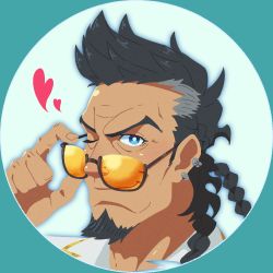 Rule 34 | 1boy, bad id, bad pixiv id, black hair, blue eyes, close-up, earrings, unworn eyewear, facial hair, goatee, granblue fantasy, grey hair, heart, highres, jewelry, looking at viewer, male focus, manly, medium hair, multicolored hair, one eye closed, portrait, profile picture, removing eyewear, round image, smile, smith (ardp13), solo, two-tone hair, yngwie