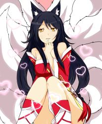 Rule 34 | 1girl, ahri (league of legends), animal ears, bare legs, black hair, braid, breasts, cleavage, desubunny, detached sleeves, female focus, flower, fox ears, fox tail, highres, league of legends, long hair, long sleeves, looking at viewer, multiple tails, single braid, sitting, skirt, smile, solo, tail, white skirt, yellow eyes