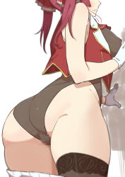 Rule 34 | 1girl, ass, black thighhighs, blush, breasts, censored, covered erect nipples, crotch seam, gloves, head out of frame, highres, hololive, houshou marine, leotard, morisobo, mosaic censoring, red hair, see-through, see-through leotard, sideboob, simple background, sleeveless, sleeveless jacket, solo, thighhighs, twintails, virtual youtuber, white background