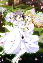 Rule 34 | :d, absurdres, ange (princess principal), arms around neck, blonde hair, blue eyes, bouquet, bow, bowtie, bridal gauntlets, bridal veil, brown hair, building, carrying, dress, elbow gloves, female focus, flower, gloves, grey eyes, hair between eyes, high heels, highres, holding, looking at another, megami magazine, official art, open mouth, outdoors, pants, petals, princess (princess principal), princess carry, princess principal, scan, sidelocks, smile, teeth, tuxedo, tuxedo jacket, upper teeth only, veil, wedding dress, white bow, white bowtie, white dress, white footwear, white gloves, white pants, wife and wife, yuri