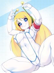 Rule 34 | 1girl, android, blonde hair, blue eyes, blush, breasts, cameltoe, cleft of venus, closed mouth, commentary, curly brace, doukutsu monogatari, english commentary, groin, heart, heart-shaped pupils, highres, joints, large breasts, long hair, looking at viewer, navel, one-piece swimsuit, robot ears, robot joints, shiny skin, sideboob, slingshot swimsuit, slugbox, smile, solo, spread legs, strap gap, swimsuit, symbol-shaped pupils, white background, white one-piece swimsuit, white slingshot swimsuit