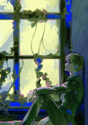 Rule 34 | 1boy, arm on knee, color contrast, feet out of frame, formal, from side, highres, indoors, ivy, knees up, long sleeves, looking ahead, mob psycho 100, mong 120, reigen arataka, short hair, sitting, solo, suit, window, windowsill