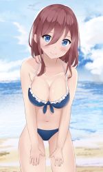Rule 34 | 1girl, bare arms, bare legs, bare shoulders, beach, bikini, blue bikini, blue eyes, blush, breasts, brown hair, cleavage, collarbone, facing viewer, frilled bikini, frills, front-tie bikini top, front-tie top, go-toubun no hanayome, hair between eyes, hands on thighs, highres, large breasts, long hair, looking at viewer, midriff, nakano miku, nasa (d-proglution), navel, ocean, sand, smile, solo, standing, swimsuit, thighs, underboob, upper body, white frills