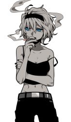 Rule 34 | 1girl, abs, alice margatroid, alternate costume, belt, blue eyes, breasts, camisole, casual, cigarette, cleavage, contemporary, crossed arms, greyscale, hairband, hosomitimiti, looking to the side, midriff, monochrome, nail polish, navel, pants, short hair, smoking, solo, spot color, strap slip, toned, touhou