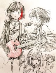 Rule 34 | 1girl, :d, ^^^, bang dream!, blush, bob cut, breath, chain, chain necklace, choker, electric guitar, guitar, haru hina, highres, holding, holding microphone, hood, hood down, hooded jacket, instrument, jacket, jewelry, long sleeves, microphone, mitake ran, multicolored hair, multiple views, music, necklace, o o, off shoulder, open mouth, paint stains, pants, pendant, playing instrument, red hair, short hair, shoulder tattoo, smile, spot color, streaked hair, sweat, sweatdrop, tattoo, traditional media, v-shaped eyebrows