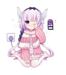Rule 34 | 10s, 1girl, battery, capelet, commentary request, dated, dragon girl, dress, electric plug, electrical outlet, full body, hairband, highres, horns, indigopp, kanna kamui, kobayashi-san chi no maidragon, multicolored hair, no shoes, recharging, rubbing eyes, socks, solo, tail, two-tone hair