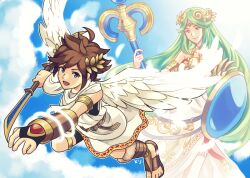 Rule 34 | 1boy, 1girl, ahoge, angel, angel wings, armlet, blue eyes, blue sky, bow (weapon), brown hair, chain, cloud, diadem, forehead jewel, gold chain, green hair, grey hair, hallo-byby, holding, holding bow (weapon), holding staff, holding weapon, kid icarus, kid icarus uprising, laurel crown, long hair, looking at viewer, mixed-language commentary, nintendo, open mouth, palutena, pit (kid icarus), scarf, shield, sky, smile, sparkle, staff, vambraces, very long hair, weapon, wings