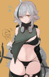 Rule 34 | 1girl, ?, ??, ahoge, arknights, asususususu, bare shoulders, bikini, black bikini, black thighhighs, breasts, clothes pull, commentary request, cowboy shot, doctor (arknights), eyes visible through hair, gluteal fold, goggles, goggles around neck, green hair, green shirt, highres, looking at viewer, medium breasts, multicolored hair, navel, pointy ears, shirt, shirt pull, short hair, silver hair, simple background, smile, staff, stomach, streaked hair, swimsuit, thighhighs, thighs, tomimi (arknights), torn clothes, torn legwear, yellow background, yellow eyes