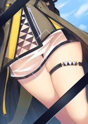 Rule 34 | 1girl, arknights, blurry, chapter0p, dress, flying sweatdrops, grey dress, highres, lower body, no panties, pussy juice, see-through, short dress, skindentation, solo, thigh gap, thigh strap, thighs, weedy (arknights), wet