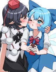 Rule 34 | 2girls, absurdres, black bow, black bowtie, black hair, black skirt, black wings, blue bow, blue dress, blue eyes, blue hair, blush, bow, bowtie, camera, chocolate, cirno, dress, eye contact, food, hand on another&#039;s head, hat, highres, holding, holding camera, holding chocolate, holding food, ice, ice wings, licking, licking another&#039;s cheek, licking another&#039;s face, looking at another, mikan (manmarumikan), multiple girls, neck ribbon, nose blush, pinafore dress, pointy ears, pom pom (clothes), profile, puffy short sleeves, puffy sleeves, red bow, red bowtie, red eyes, red headwear, ribbon, shameimaru aya, shirt, short hair, short sleeves, skirt, sleeveless dress, tokin hat, touhou, valentine, white shirt, wings, yuri