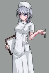 Rule 34 | 1girl, bare arms, burn scar, dorei to no seikatsu ~teaching feeling~, grey background, grey hair, hair ornament, hair ribbon, hairclip, hat, highres, holding, holding notepad, holding pen, long hair, looking at viewer, notepad, nurse, nurse cap, official art, aged up, pen, ponytail, purple eyes, ray-k, ribbon, scar, short sleeves, simple background, smile, solo, sylvie (dorei to no seikatsu), translation request, white ribbon