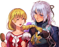 Rule 34 | 1boy, 1girl, armor, blonde hair, blue eyes, blue hair, braid, breasts, claire bennett, dress, closed eyes, gloves, long hair, lowres, open mouth, tales of (series), tales of rebirth, veigue lungberg