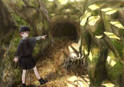 Rule 34 | 1girl, alternate costume, black footwear, black skirt, boots, brown eyes, brown hair, cave, collared shirt, commentary request, day, foot out of frame, forest, grey shirt, half-closed eyes, hatoba tsugu, helmet, highres, holding, long sleeves, looking at viewer, mizumori sekizai, nature, open mouth, outdoors, pinky out, pointing, poncho, shirt, short hair, single hair ring, skirt, smile, solo, standing, standing on one leg, sunlight, tsugu (vtuber), virtual youtuber