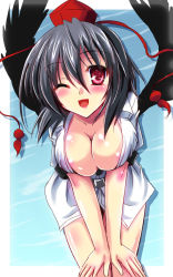 Rule 34 | 1girl, black hair, blouse, blush, breasts, cleavage, collarbone, hands on own knees, hat, large breasts, leaning forward, lips, looking at viewer, one eye closed, open clothes, open mouth, open shirt, outside border, red eyes, shameimaru aya, shirt, short hair, sky, smile, solo, tokin hat, touhou, wink, yamu (reverse noise)